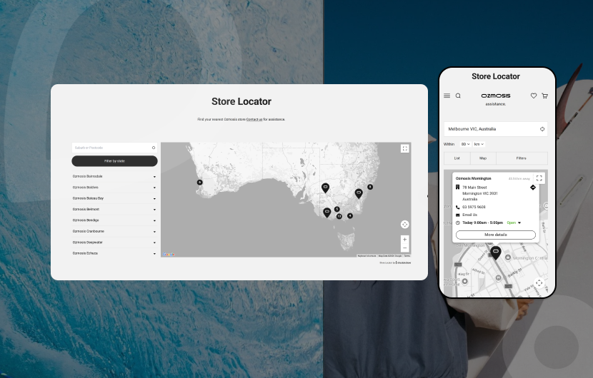 Ozmosis Store Locator launch banner featuring surf and streetwear imagery with stockinstore branding, promoting easier local store discovery and omnichannel shopping experiences across Australia.