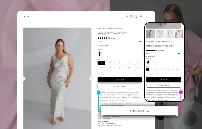 Fayt the Label product page showing Find in Store availability across retail locations powered by stockinstore